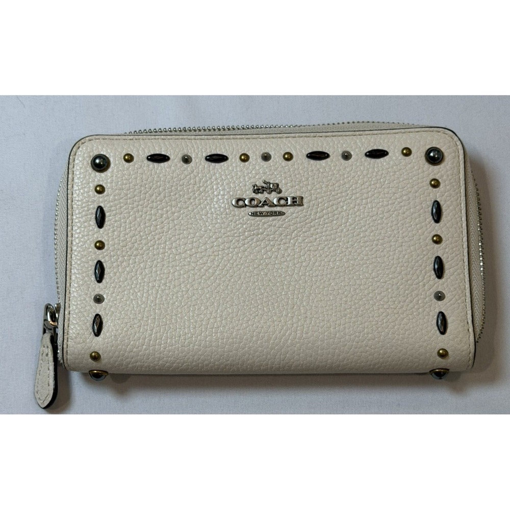 Coach Ivory Pebbled Leather Studded Zip Around Accordion Wallet